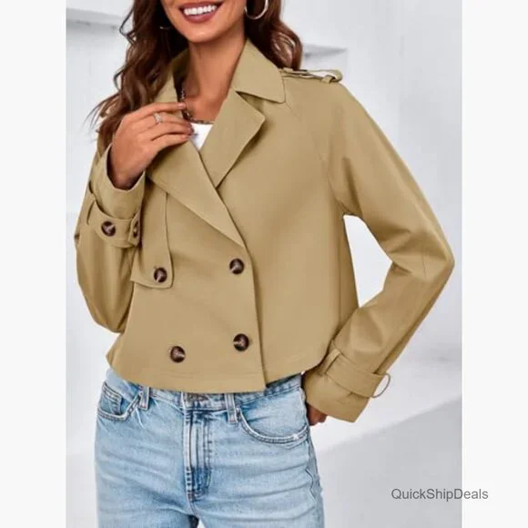 Cropped Trench Coat Double Breasted Notch Lapel Lightweight Jacket - Picture 4 of 7